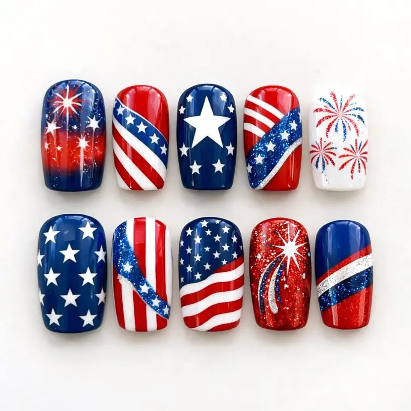 USA Congratulations Press On Nails, Handmade Red, White, and Blue 4th of July Design Square Nails, Flag Nail For Women, NailArt, Holiday Nails Inspo