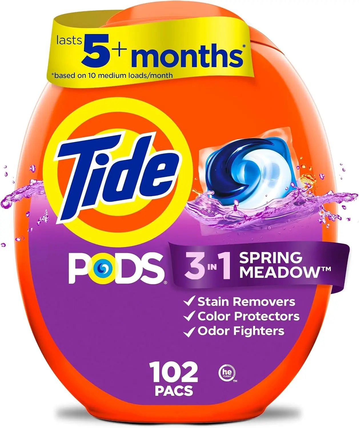 PODS laundry detergent pacs, 3-in-1 Stain Remover, Odor Fighter, Color Protector, 102 Count, HE compatible, Spring Meadow Scent