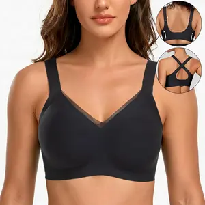 Women's Jelly Bra Full Coverage Push Up Plus Size Bra with V Neck Lace  Comfortable Wireless T-Shirt  Everyday Bras  Washable U-back & Crisscross Back Semi-fixed Pads #TikTokShopDealsforYouDays