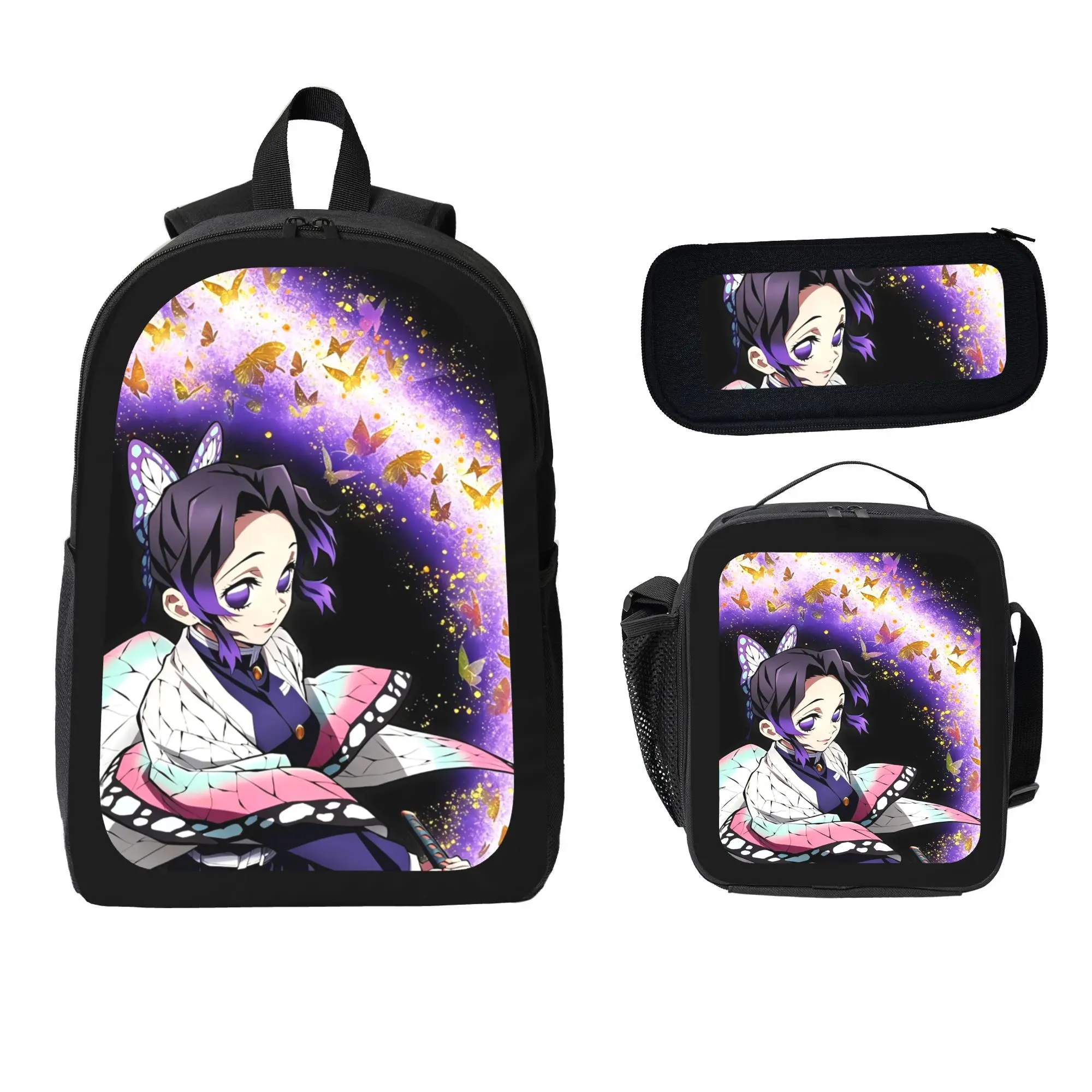 Demon Slayer Anime Lover Gift Backpack Set, 3 in 1 Durable Printed School Bag with Insulated Lunch Carrier and Pencil Pouch, Adjustable Lightweight Travel Bookbag for Students Teens