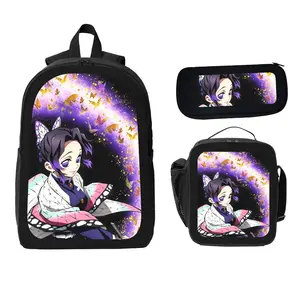 Demon Slayer Anime Lover Gift Backpack Set, 3 in 1 Durable Printed School Bag with Insulated Lunch Carrier and Pencil Pouch, Adjustable Lightweight Travel Bookbag for Students Teens