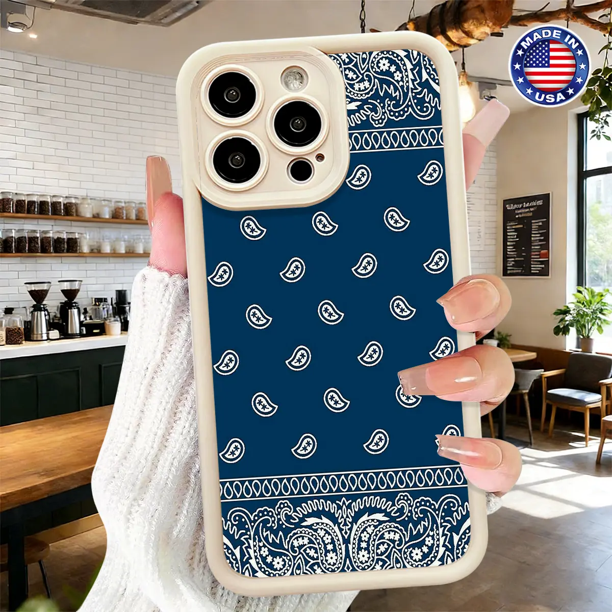 Vintage Blue Paisley Pattern Aesthetic Bandana Smartphone Case for iPhone 17,16,15,14 Pro Max,13,12,11,XR,XS Plus,Air - Slim,Shockproof,Anti-Drop,Protective,Lightweight,Durable TPU Cover for Handheld Cellphone Devices & Accessories