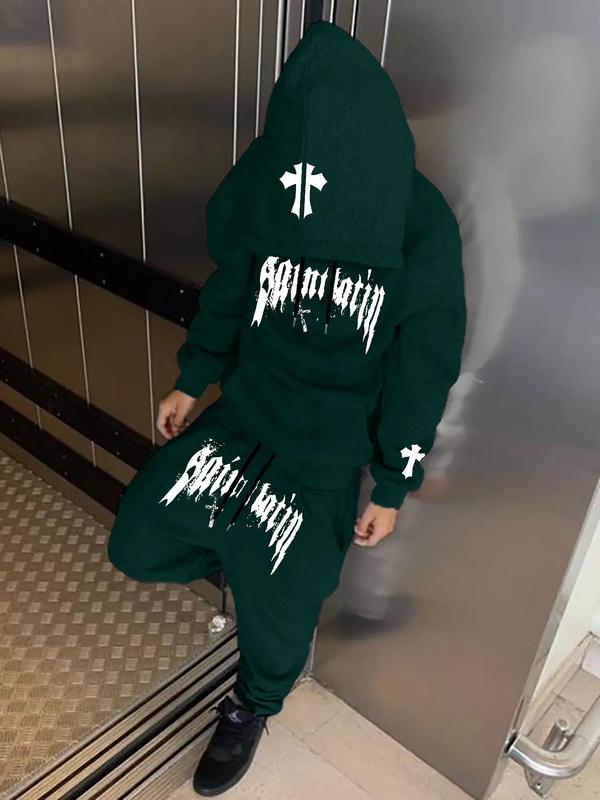 Men's Street Style Hooded Sweatshirt & Pants Set, Graphic Print, Loose Fit, Long Sleeve, Fall Winter Fashion, Casual