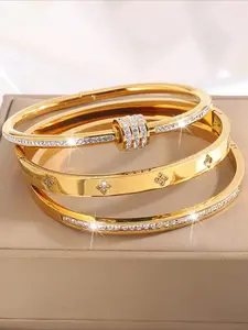 3pcs stainless steel gold-plated luxury clover crystal bracelet, High Quality Bracelet, suitable for women's daily wear, as a gift for friends or Valentine's Day, Mom, Mother's Day, gifts