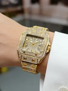 Luxury Men's Full Diamond Square Watch, Ice Crystal Quartz, Roman Numeral Date Function, Hip Hop Shiny Watch, Perfect Gift