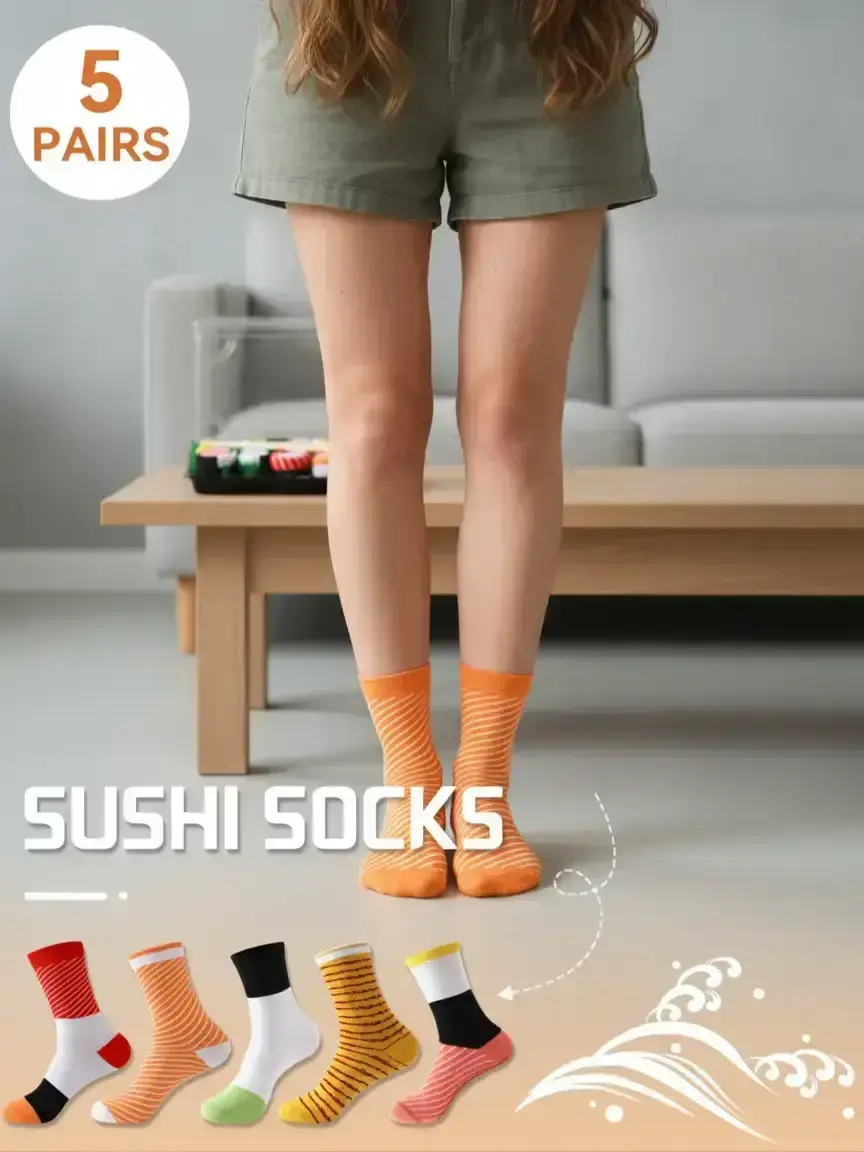 5 Pairs Cute Sushi Mid-Calf Casual Gift Socks, Sock Packs, Fun Food Creative Design Box Set, Soft Knit Fabric, Perfect for Valentine's Day & Easter