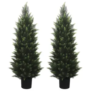 4FT Artificial Topiary Tree, Faux Cedar Pine Potted Plant with Black Nursery Pot, Indoor Outdoor Fake Shrub for Living Room Corner Entryway Office Decor - 2 Pack