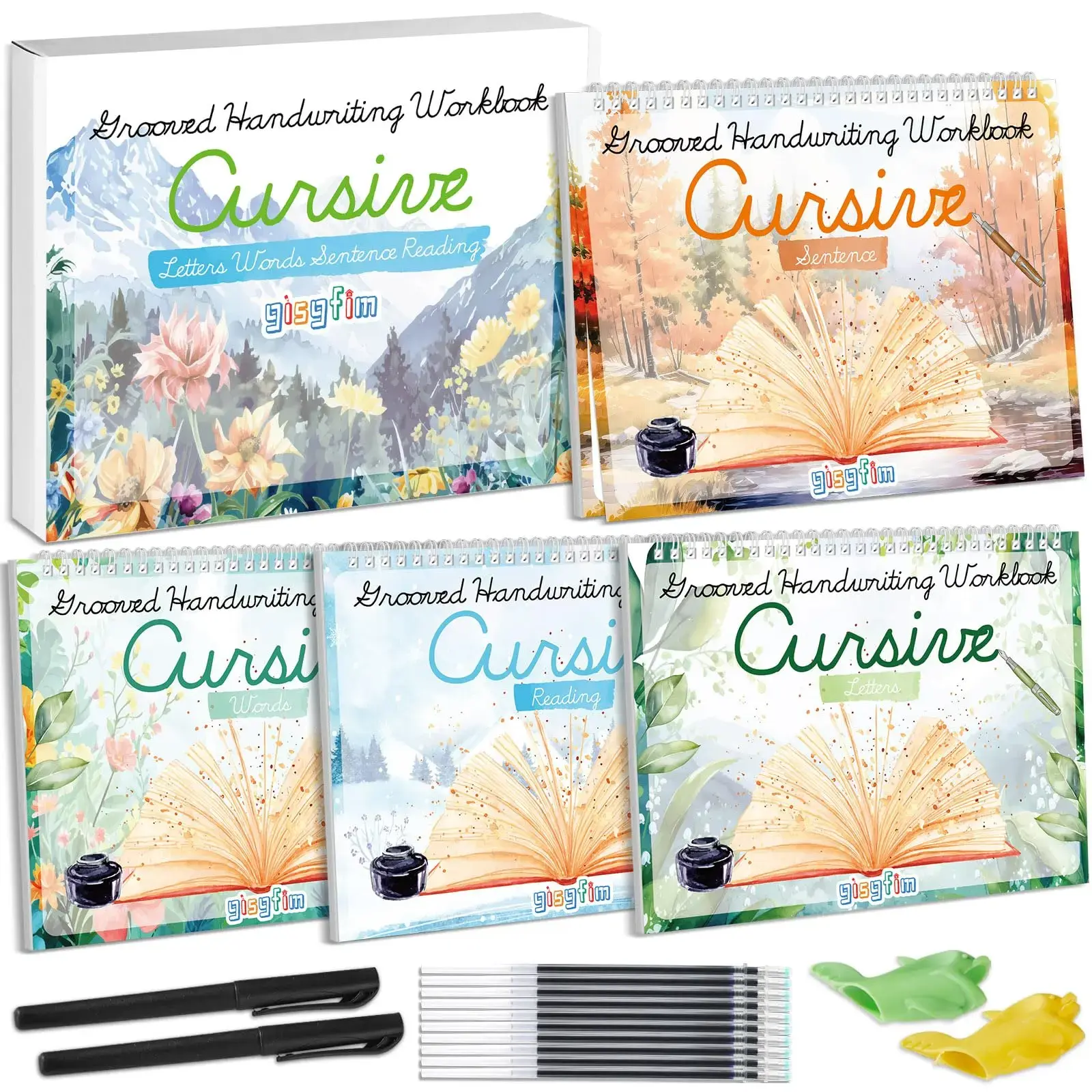 GISGFIM 4-Pack Cursive Handwriting Practice Kits, Grooved Magic Calligraphy Paper Set with Disappearing Ink Pens for Kids' School Supplies,Back to School,Back to School Shopping
