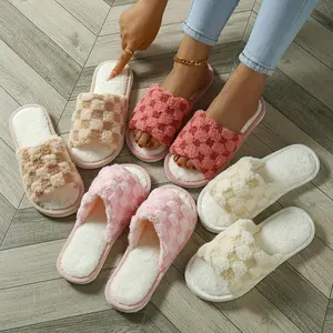 Women’s Fuzzy Plaid Open-Toe Slippers – Cozy Memory Foam Indoor Slides with Soft EVA Non-Slip Sole, Warm Fluffy House Shoes for All-Season Comfort