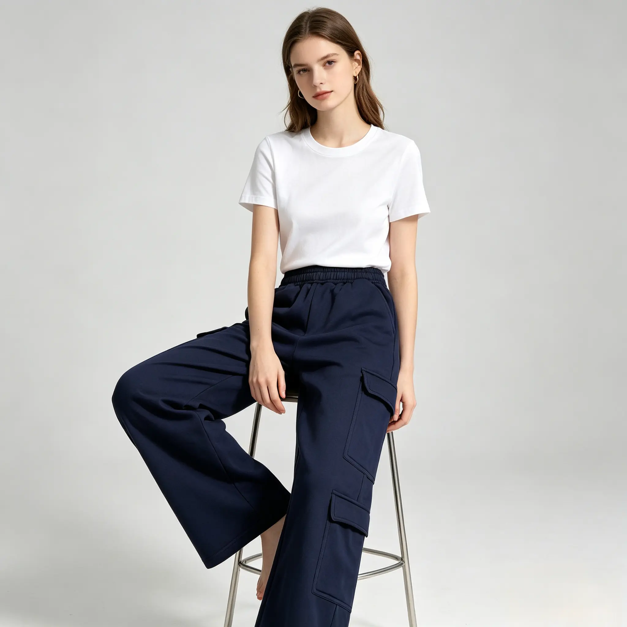 Women’s Drawstring Elastic Waist Cargo Sweatpants, Casual Wide Leg Multi Pocket Streetwear Trousers
