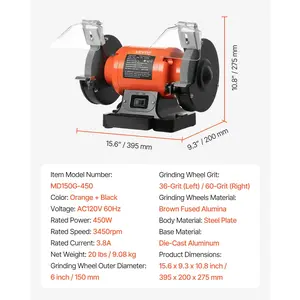 VEVOR Bench Grinder, 6-inch Single Speed Bench Grinder, 3450RPM High-Speed Table Grinders with 450W 3.8A Induction Motor, 36/60-Grit Grinding Wheel Adjustable Eye Shield for Fast Sharpening Grinding
