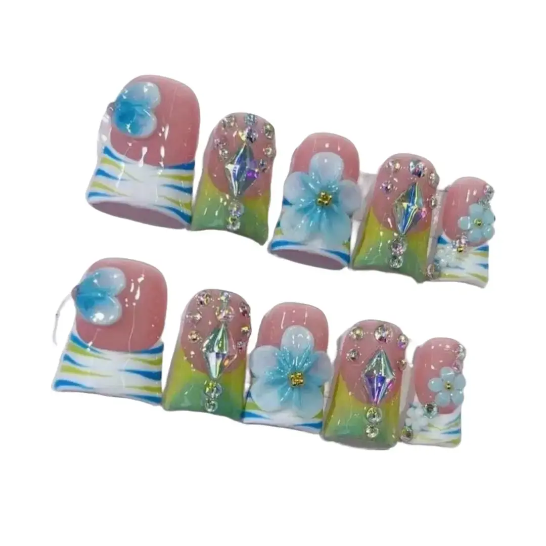 Nailrosy Press on Nails, 10 Pcs Handmade Feminine Nail Pack with 3D Blue Flowers & Rhinestones, Reusable Medium Ballerina Shape for Women, Bridesmaids, Multi-Pack, Press On Nail Sets, Decorated Nails