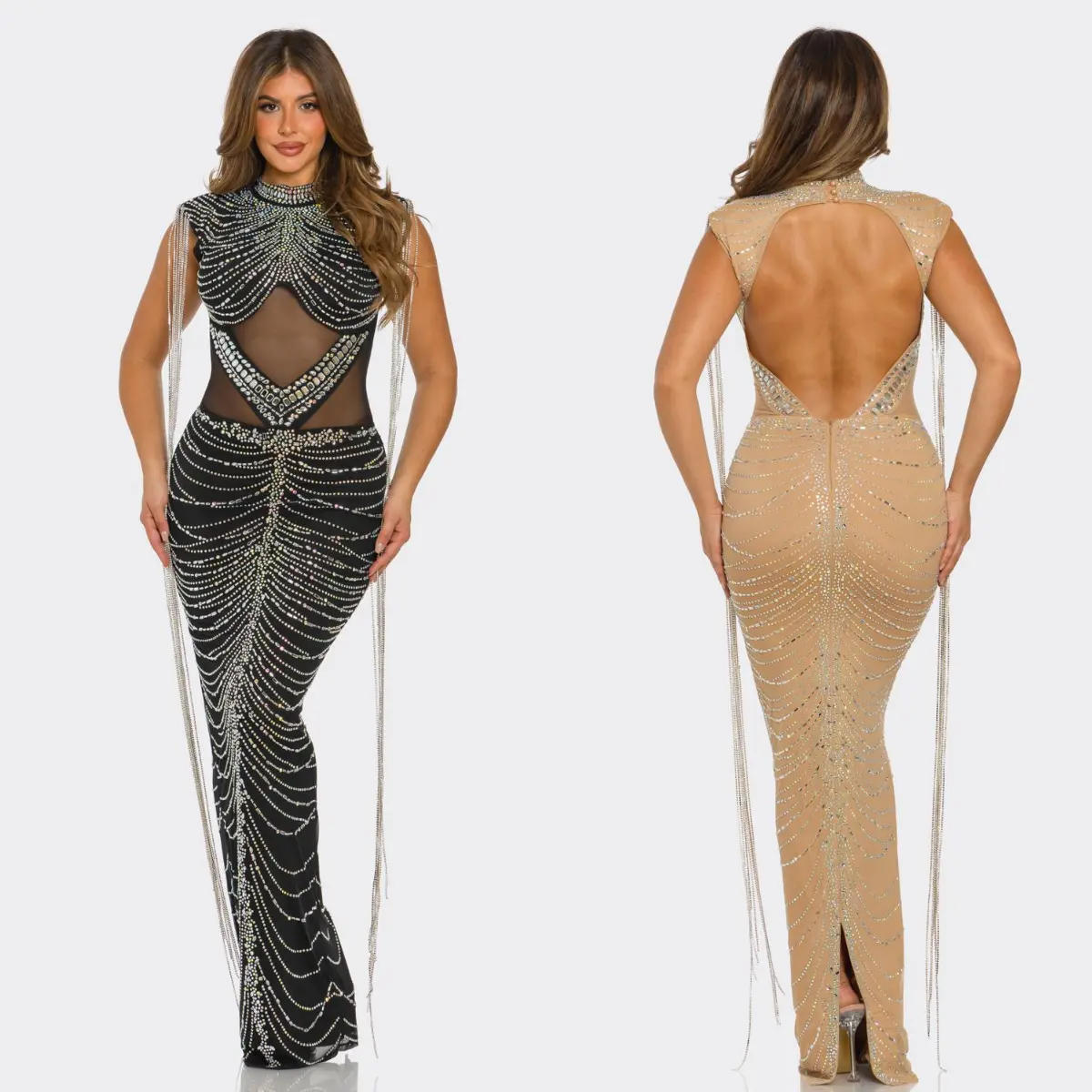 Sheer Rhinestone Mesh Cutout Gown with Fringe Sleeves – Luxury Bodycon Evening Dress | Nude & Black Fit Formal