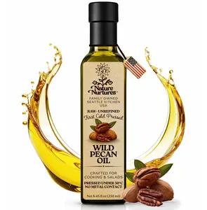 Wild Pecan Oil for Cooking · Raw · Unrefined · First Cold-Pressed at Temperatures Below 30°C · Pressed Only Once · Without Metal or Wood Contact · Missouri Harvest · Small Batch · Handcrafted in USA · 100% Pure & Natural · Also Loved for Skin and Hair