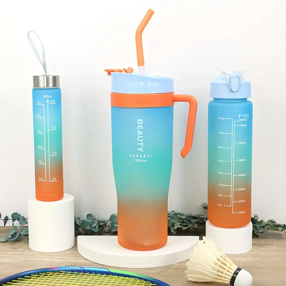3-Piece Set Large Capacity Gradient Plastic Water Cup Suit-Durable, Leak-Proof, Portable, Free of Phenol A, Suitable for Sports, Travel and Outdoor Fitness-1380/46.6 Oz, 800 Ml/27 Oz and 280 Ml/9.5 Oz Size, Easy to Carry Design and Secure Screw Cap 3-Piece Set Large Capacity Gradient Plastic Water Cup Suit-Durable, Leak-Proof, Portable, Free of Phenol A, Suitable for Sports, Travel and Outdoor Fitness-1380/46.6 Oz, 800 Ml/27 Oz and 280 Ml/9.5 Oz Size, Easy to Carry Design and Secure Screw Cap