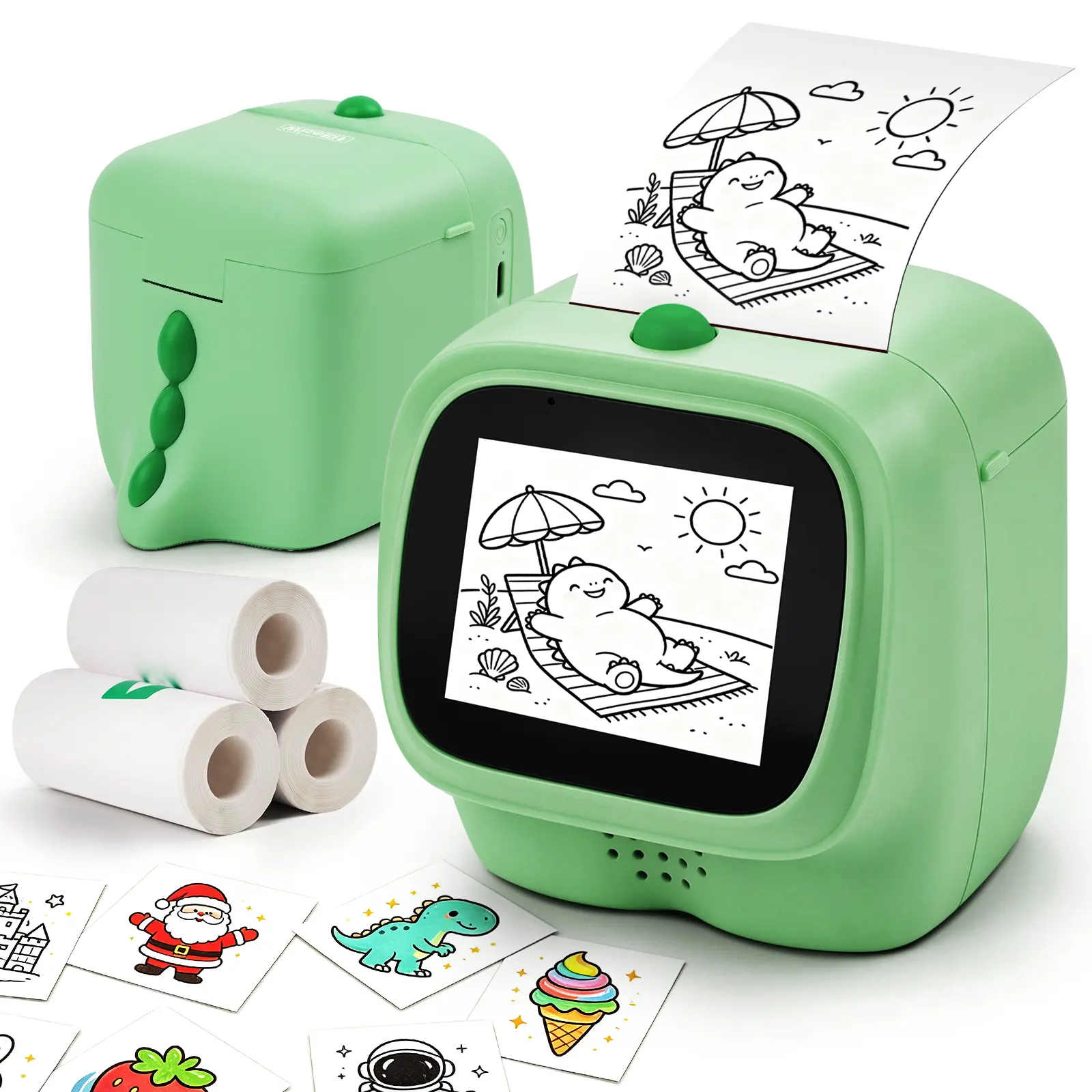 Dino-Shaped Al Sticker Printer for Kids - Voice Activated Inkless Thermal Printer with 4 Paper Rolls, 6 Art Modes Portable DIY Craft Tech Toy Gift