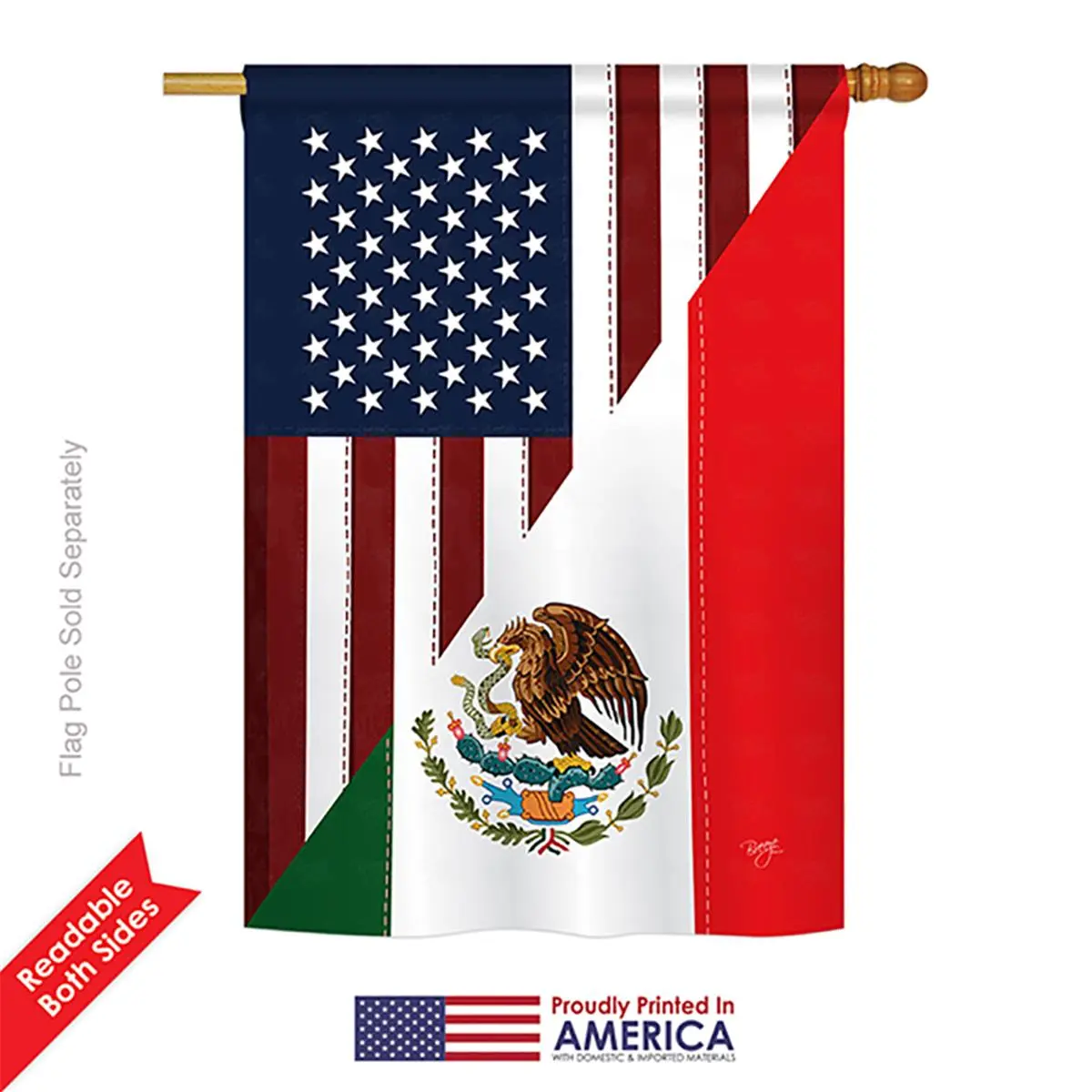 Breeze Decor US-Mexico Friendship House Banner, Weather and Fade Resistant Impression Artwork, Reads Correctly on Both Sides, 40" H x 28" W x 0.2" L, 8 oz, Polyester, Flag, Vertical, Yard Decor