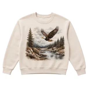 Retro Bald Eagle River Scene Crew Neck Sweatshirt - 90s Birds Of Prey Forest Nature Casual Top, Unisex Boho Polyester Hoodie-T-Shirt Hybrid, Women's Underwear-Infused Streetwear Menswear Alternative