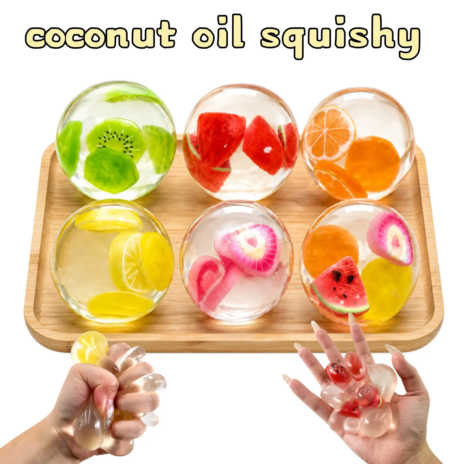 Crystal clear Coconut Oil Squishy Ball - Fruit Slice-Filled Lightly slow rising Soft Moldable Fidget Toy for  Fidget Play, 6cm Reusable Gift