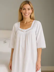 Victoria White Cotton Nightgown - Long Sleeve Design with Button Fastening, Comfortable Fit for Evening Wear