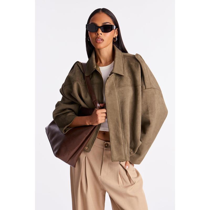 Harlowe Oversized Faux Suede Jacket - Olive