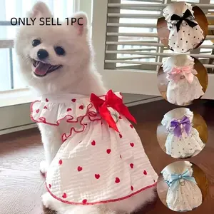 Cute Heart-Patterned Dog Dress, Soft Durable Pet Clothes Costume with Bowknot, Birthday Holiday Wear, Traction Ring, Small Medium Dogs Cats