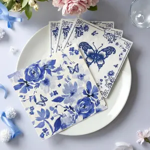 Blue Floral Bird Pattern Napkins, 2 Packs (20 Sheets/pack), Traditional Style Disposable Napkins for Wedding Party Decorations