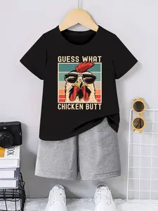 Kids Cartoon Print T-Shirt Set, Chicken Sunglasses Round Neck Short Sleeve Top & Shorts Two-Piece, Casual Summer