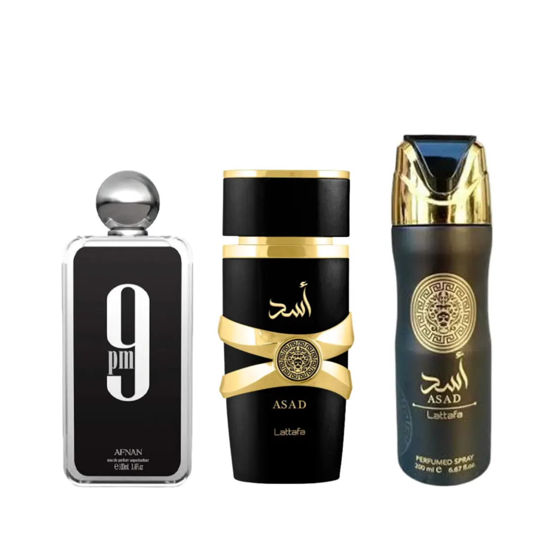 Lattafa Unisex Premium Quality Bundle Unisex Fragrance Gift Set - Bold Passionate, Multi-Scent Notes, Spice & Wood Scent, 9pm+ EDP Spray, Asad EDP Spray, Asad Deodorant Multi-Pack, Bold Passionate Fragrance