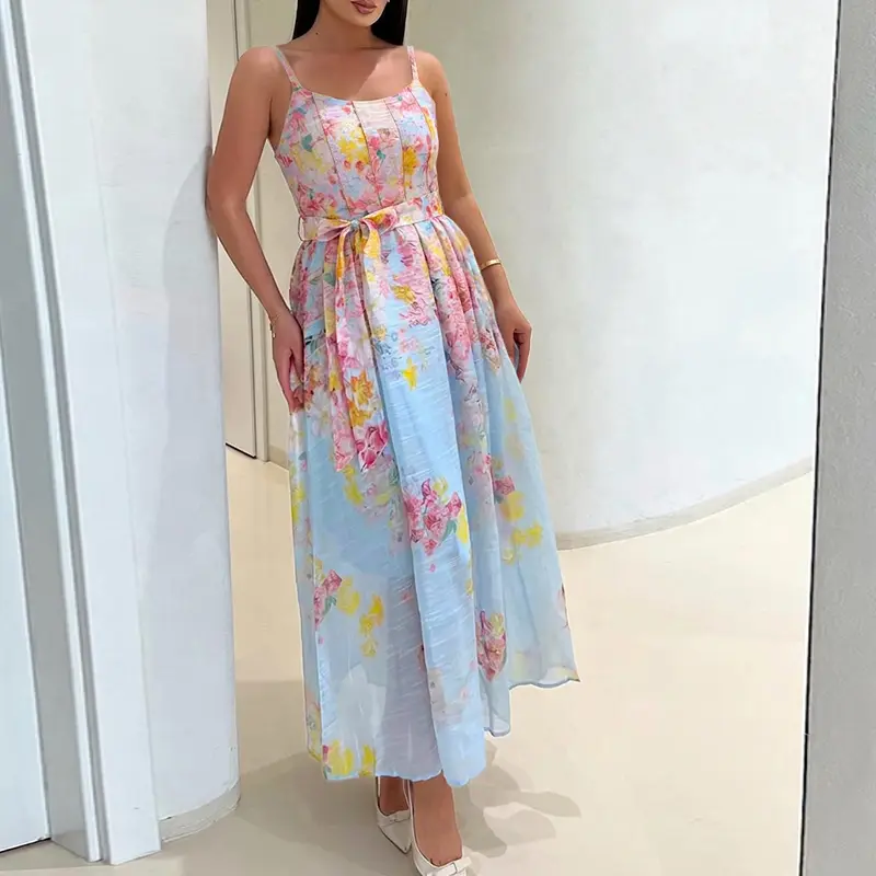 CHICME Women's Watercolor Floral Cami Dress Adjustable Straps High Waist A-Line Maxi Dress/Summer Dress with Matching Belt