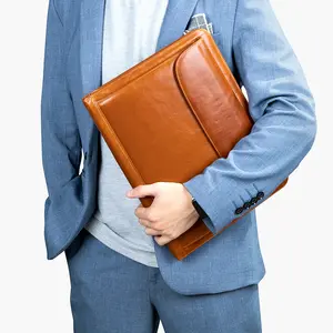 NIUCUNZH Genuine Leather Portfolio for Men Women Zipper Business Resume Padfolio Organizer Binder A4 Meeting Folder 13 inch brown