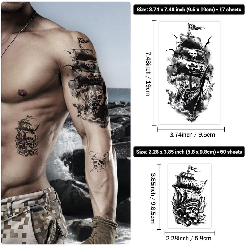 77 Sheets Pirate Temporary Tattoos Adult,Captain Anchor Compass Sailboat Tattoos, Pirate Ships Flag Skull Crossbones Sailor Fake Tattoo for Costume, Fake Arm Tattoos for Men Women Kids