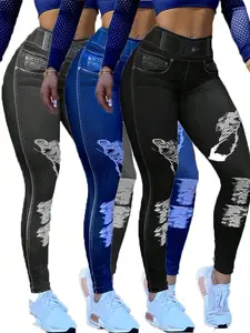 3pcs Imitation Faux Denim Women's Slim Leggings High Waist Stretchy Skinny Pants Comfortable Durable Fashionable All-Season Wear Machine Washable Plus Size gym fitness active pant stretchy  workout  pants