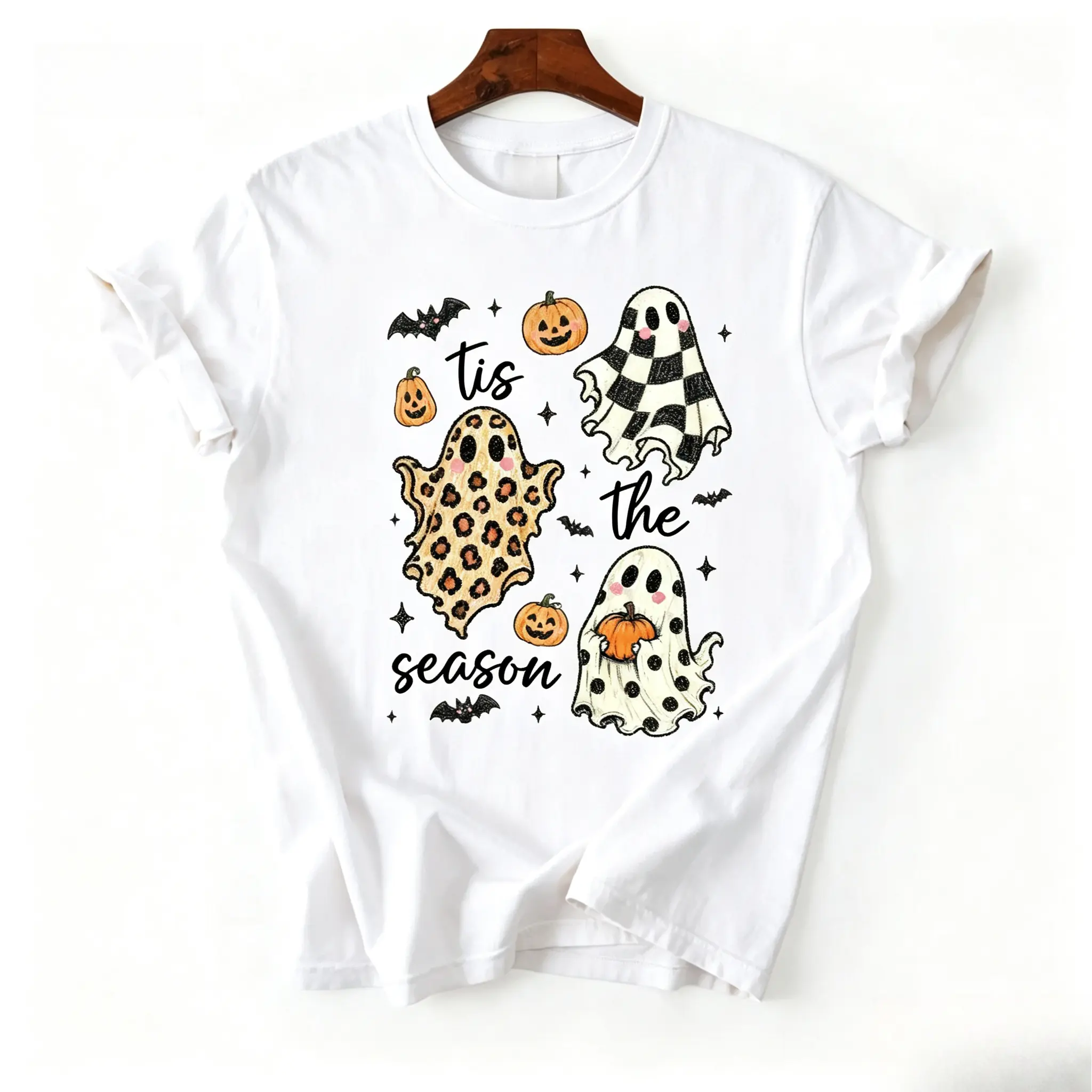Tis The Season Ghost Shirt, Cute Halloween Ghost Graphic Tee, Checkered Spooky Season T-Shirt, Fall Halloween Gift