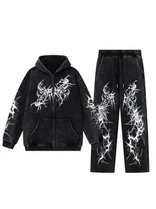 Men's Vintage Washed Tie-Dye Spider Print Hoodie Jacket & Pants Set, Casual Fashion Streetwear, Fall Winter Clothing