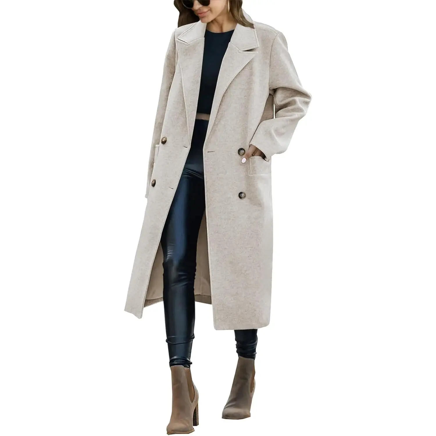 FMEYOA Womens Trench Coat Winter Lapel Double Breasted Long Pea Coat Casual Work Office Overcoat with Pocket