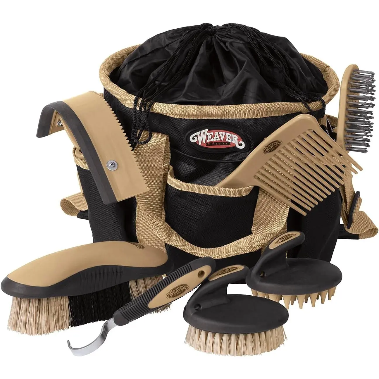 Weaver Equine Horse Grooming Kit, 7-Piece Horse Brush Set with Organizer Tote Bag, Hoof Pick, Comb, Sweat Scraper, Equine Tools for Daily Grooming, Black/Beige