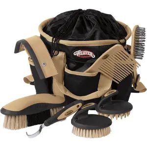Weaver Equine Horse Grooming Kit, 7-Piece Horse Brush Set with Organizer Tote Bag, Hoof Pick, Comb, Sweat Scraper, Equine Tools for Daily Grooming, Black/Beige