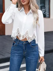 A lady's white lace-stitched V-neck long-sleeved shirt, Fitted Blouse, exuding elegant style for daily wear.