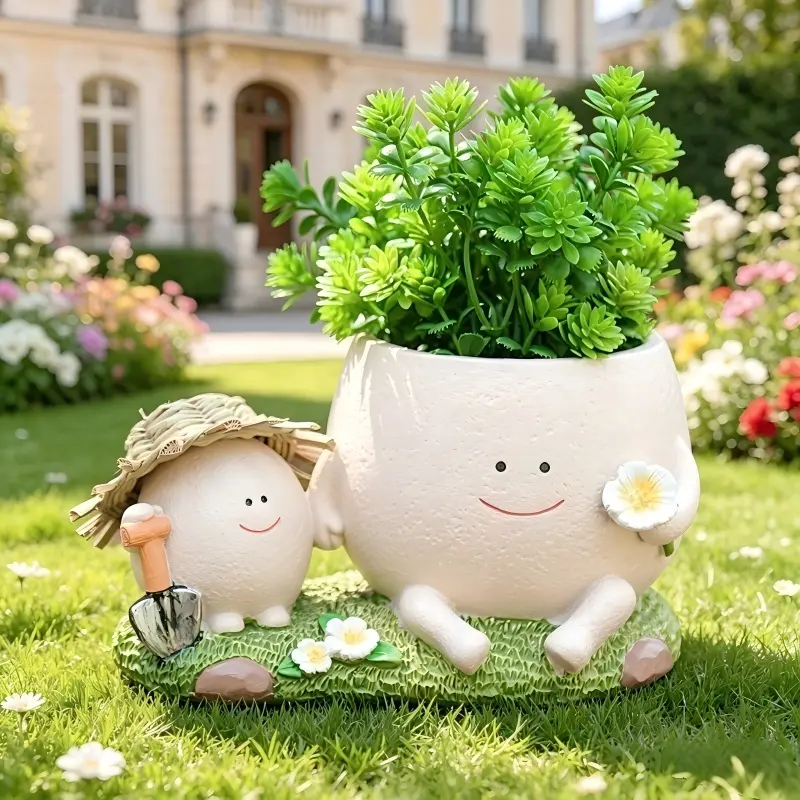 Pricetail Resin Cute Face Decorative Flower Pot - Unique Tall Crushed Diamond Shape, Indoor Outdoor Home Decor, Natural Straw-Compatible Succulent Planter with Drainage, Ideal Gift for Plant Lovers