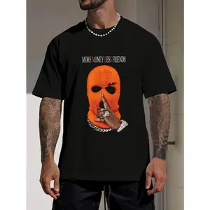 Orange Ski Mask Graphic Streetwear T Shirt More Money Less Friends Unisex Tee Vintage Wash Short Sleeve Casual Summer Outfit