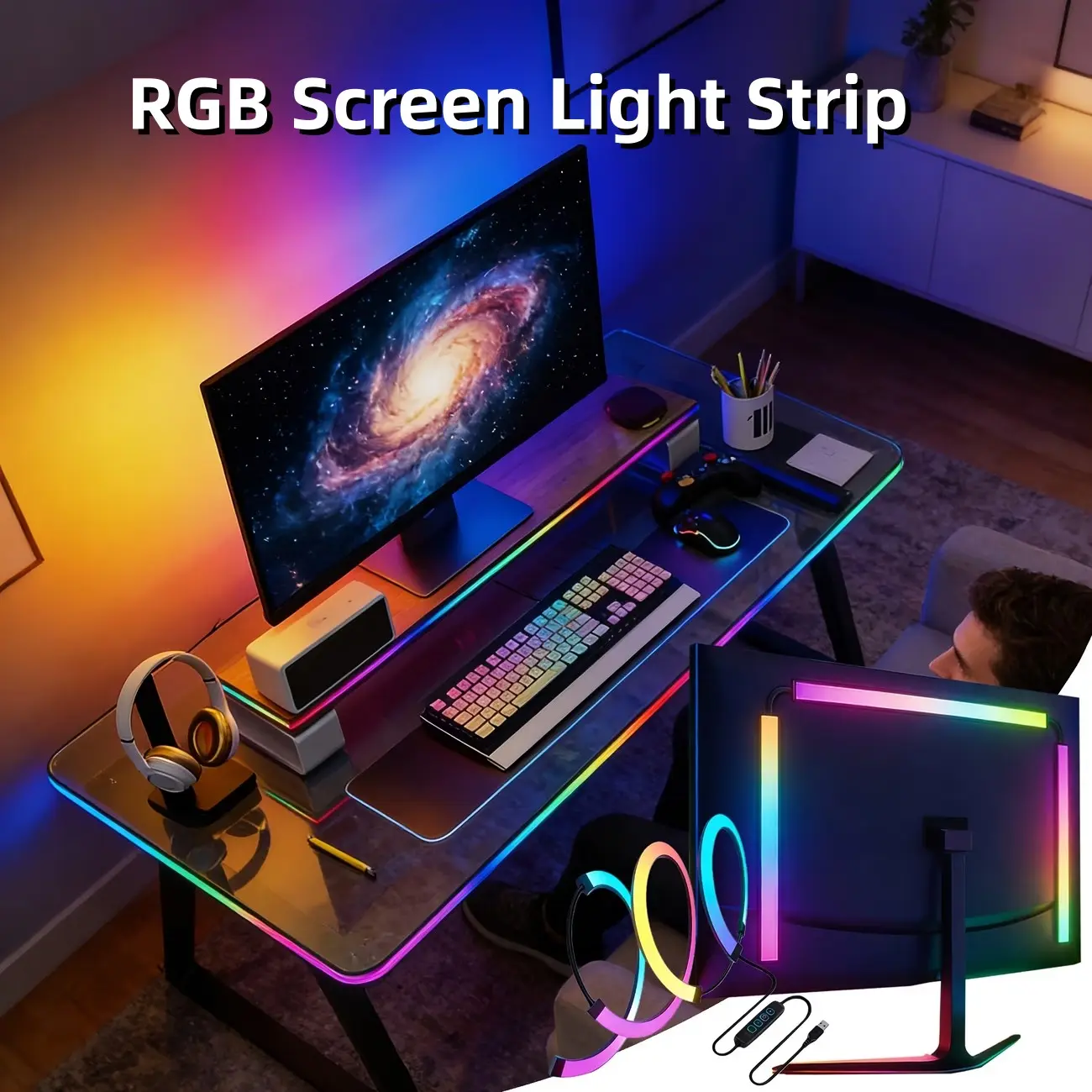 RGB Screen Ambient LED Light Strips, USB Light Strips, E-sports Room Decoration, Desktop Monitor Background LED Light Strips, Four Lighting Modes, Cool RGB Light, Adjustable LEDs, Indoor Ambient Lights, TV Background Ambient Light Strips, Led Lighted