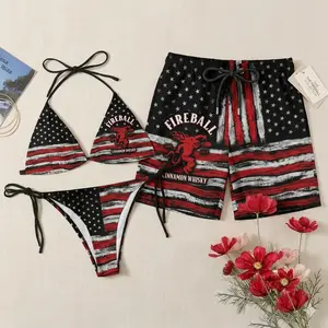 Fireball American Flag Couple Swimwear – Matching Bikini & Men’s Swim Shorts, Patriotic His & Hers 4th of July Beach Vacation Swimsuits