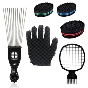 2Pcs Set Long Stainless Steel Pin Afro Pick Hair Comb Curling Sponge Brush Curly Hair Gloves Salon Hairdressing Styling Tools