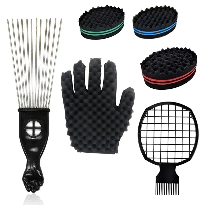 2Pcs Set Long Stainless Steel Pin Afro Pick Hair Comb Curling Sponge Brush Curly Hair Gloves Salon Hairdressing Styling Tools