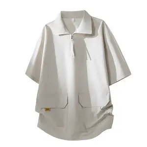 Men’s loose-fit polo short-sleeve T-shirt with a notched collar and half-zip closure, featuring large pockets in a workwear style. Made from lightweight fabric for summer casual and sporty wear, it’s breathable and comfortable, suitable for everyday loung