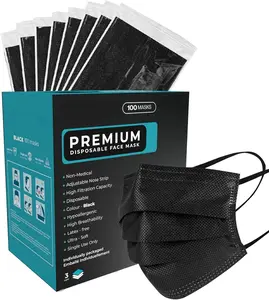 Premium Black Disposable Face Masks - 100pcs, Three-Layer Filter Design, Dustproof & Droplet-Proof, Breathable, Non-Medical, Hypoallergenic, Latex-Free, Elastic Ear Straps - Medical Accessories Protection Aid