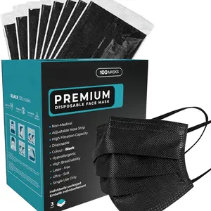 Premium Black Disposable Face Masks - 100pcs, Three-Layer Filter Design, Dustproof & Droplet-Proof, Breathable, Non-Medical, Hypoallergenic, Latex-Free, Elastic Ear Straps - Medical Accessories Protection Aid
