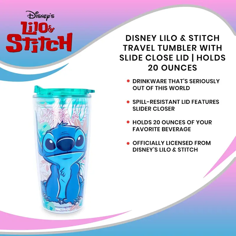 Disney Lilo & Stitch Character Portable Beverage Travel Tumbler with Slide-Close Lid, 20 oz, by Toynk x Silver Buffalo