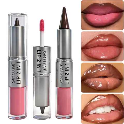 Dual-Ended Lip Liner and Gloss, Matte Smooth Lip Definition, Hydrating Mirror Finish, Lightweight Colorful Makeup, Nude Tone Lip Gloss Gift, Lip Product
